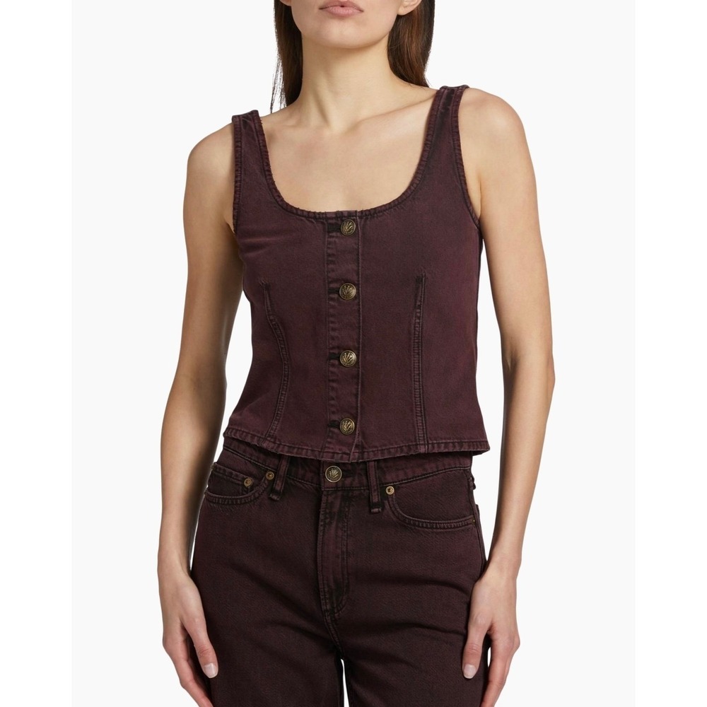 Rag & Bone Burgundy Denim Button Front Corset Vest Boho Grunge NWT 16